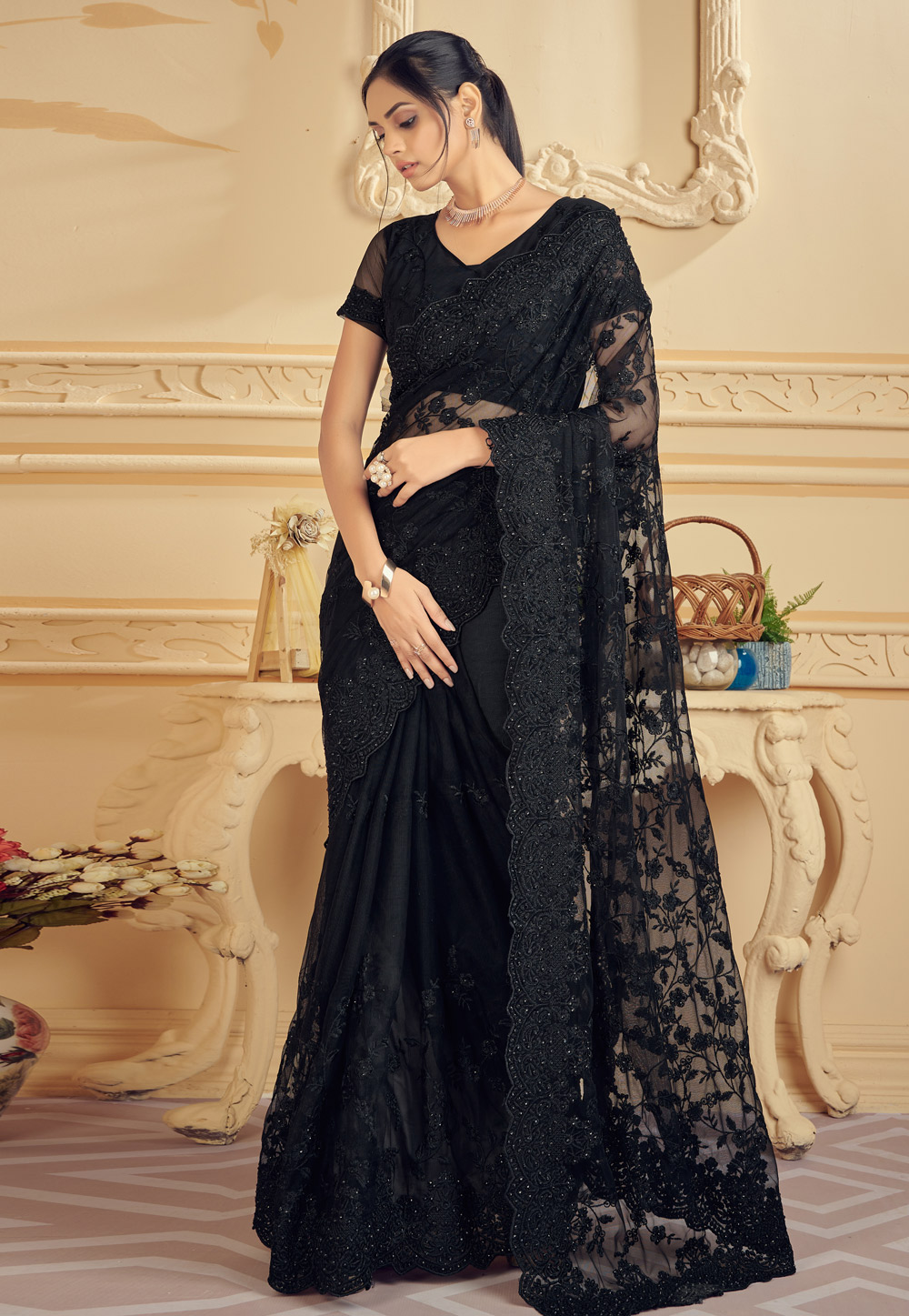 Black Net Saree With Stone Work 247479