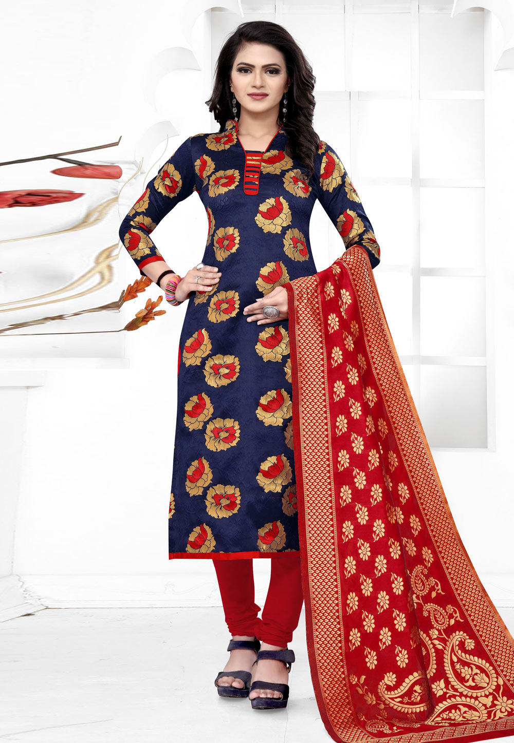 Navy Blue Banarasi Silk Churidar Suit 235462