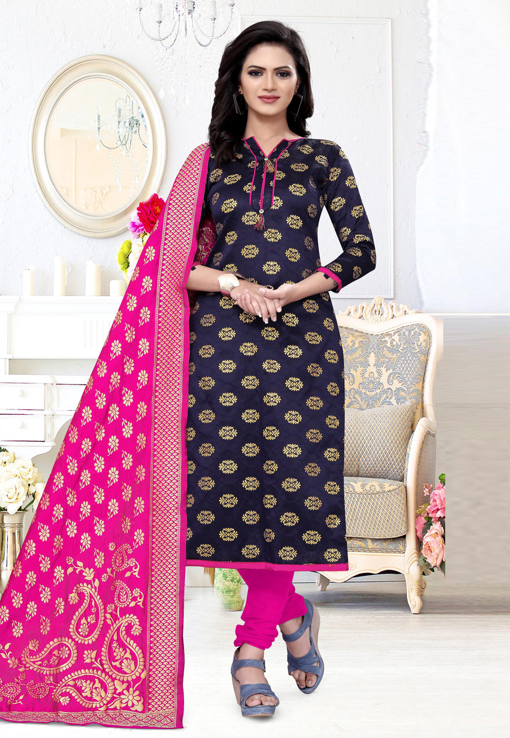 Navy Blue Banarasi Silk Churidar Salwar Suit 235463