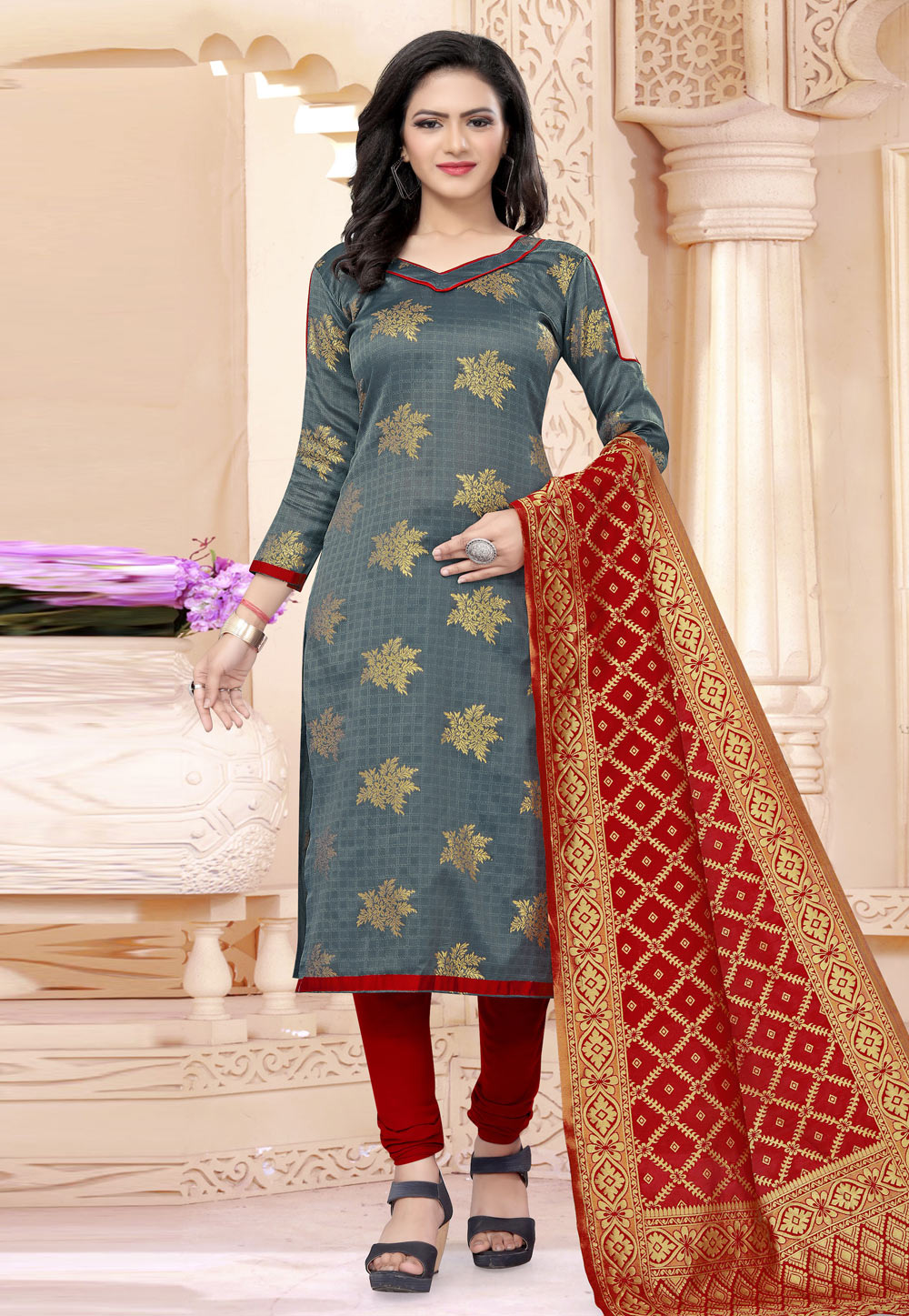 Grey Banarasi Silk Churidar Salwar Suit 235467