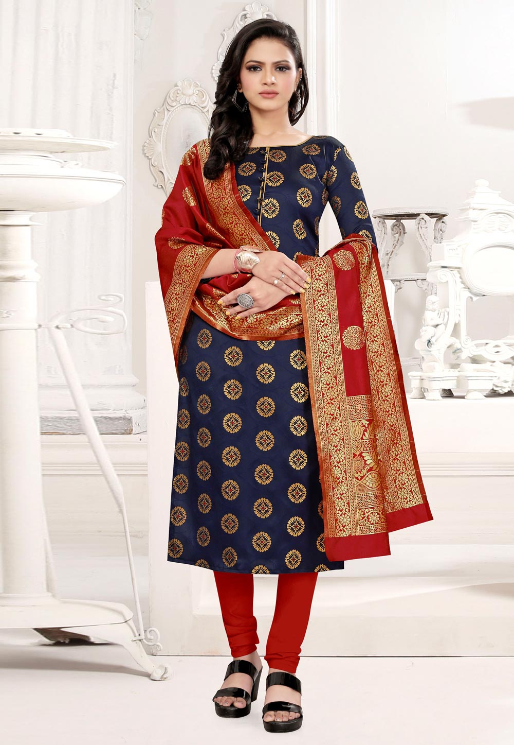 Navy Blue Banarasi Silk Churidar Salwar Suit 235471
