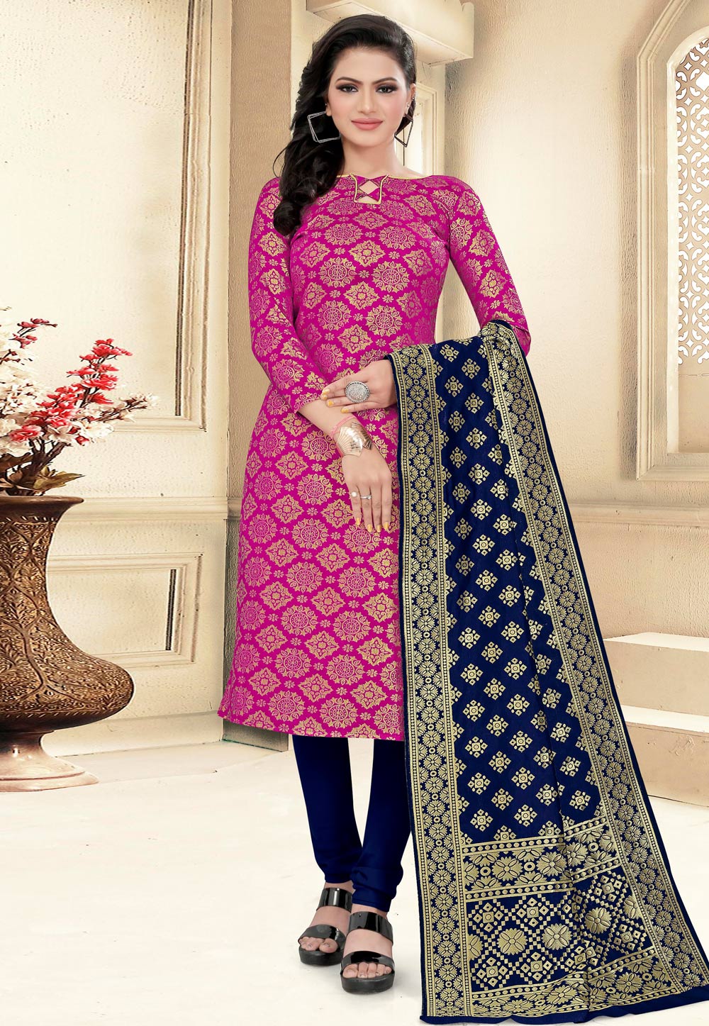 Magenta Banarasi Silk Churidar Suit 235480