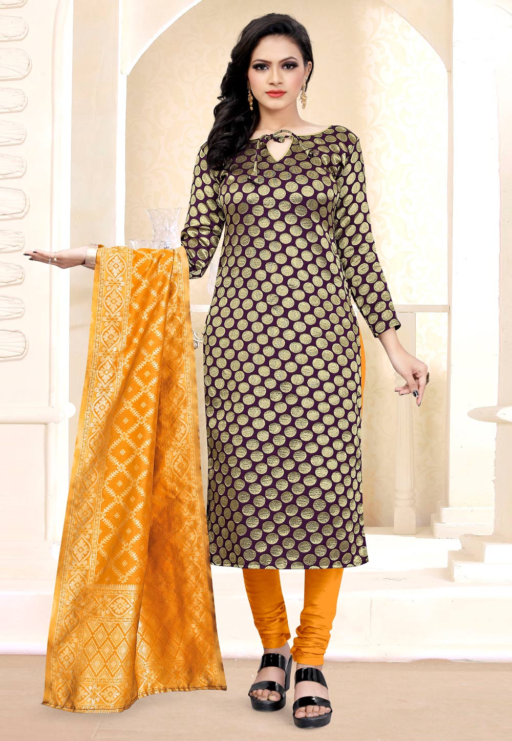 Purple Banarasi Silk Churidar Salwar Suit 235487