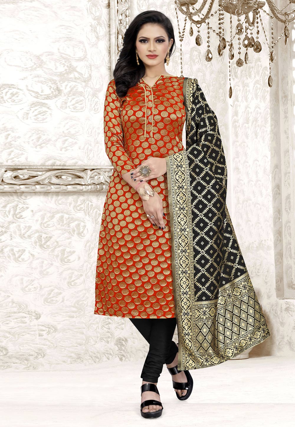Red Banarasi Silk Churidar Suit 235488