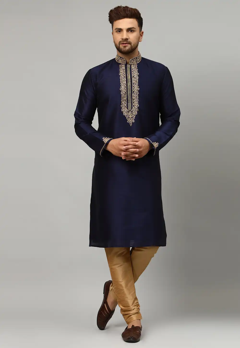 Navy Blue Dupion Silk Kurta Pajama 229840