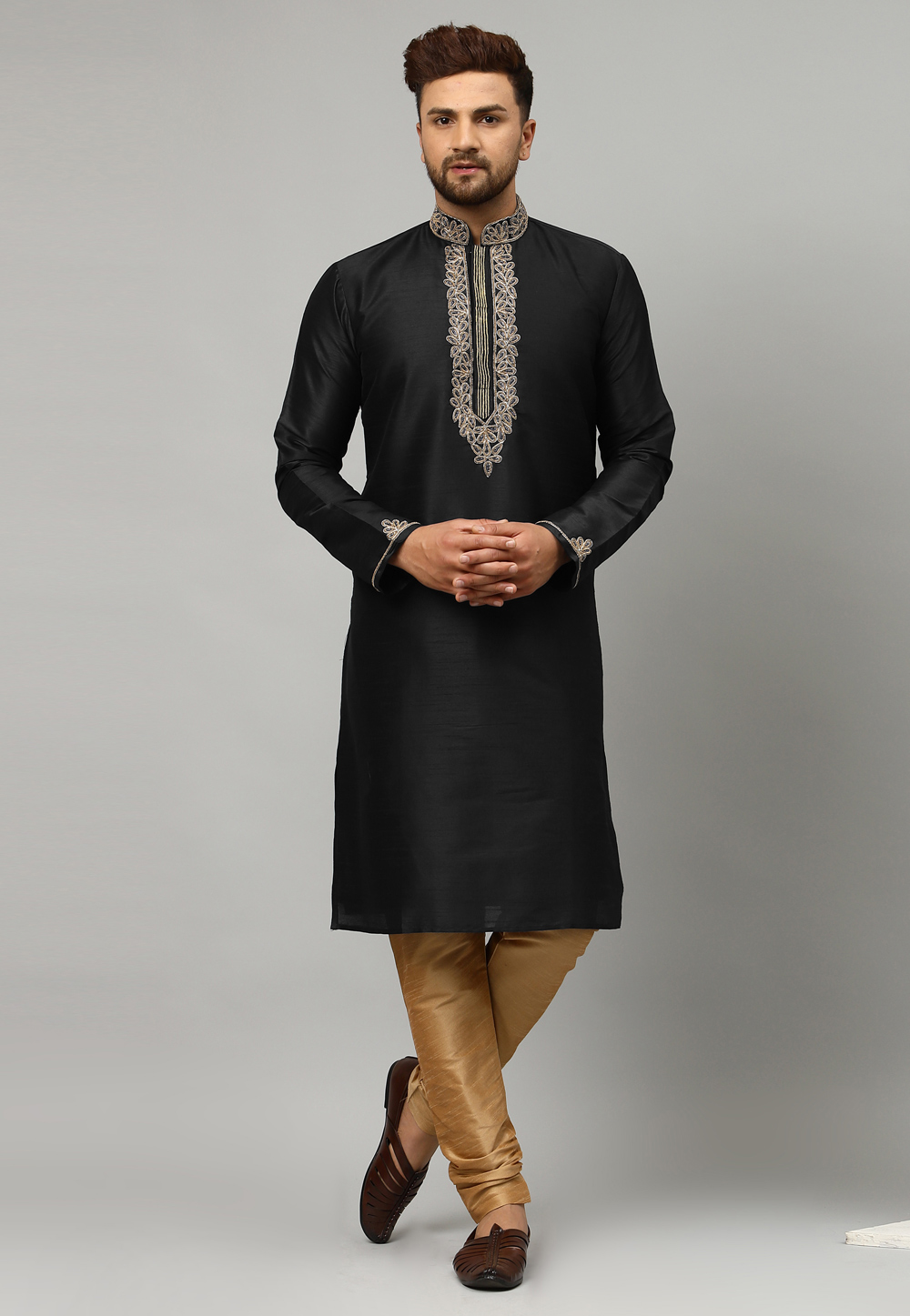 Black Dupion Silk Kurta Pajama 235441