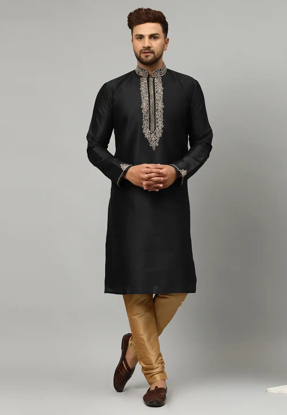 Black Dupion Silk Kurta Pajama 235441