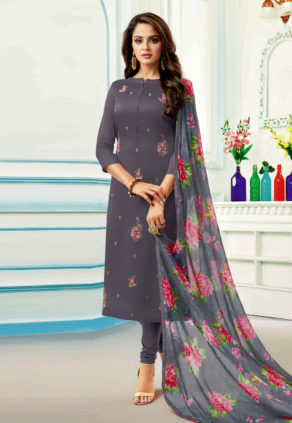 Grey Chanderi Cotton Churidar Salwar Suit 235707
