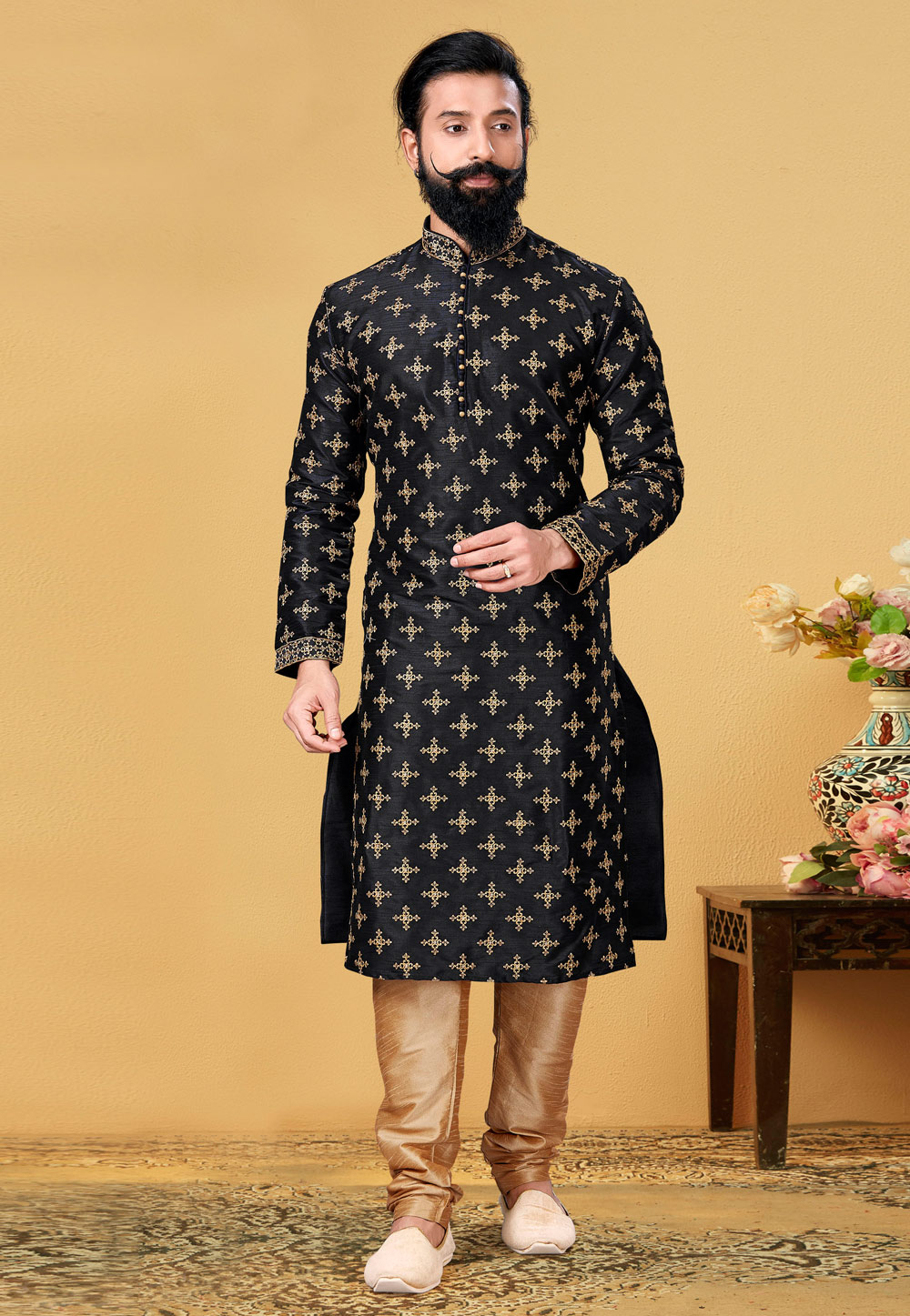 Black Dupion Silk Lakhnavi Kurta Pajama 240111