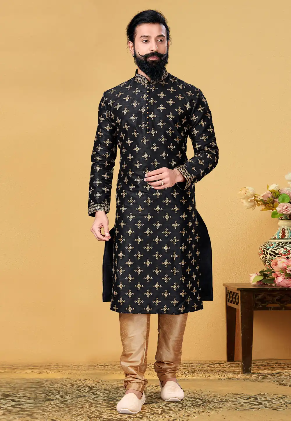 Black Dupion Silk Lakhnavi Kurta Pajama 240111