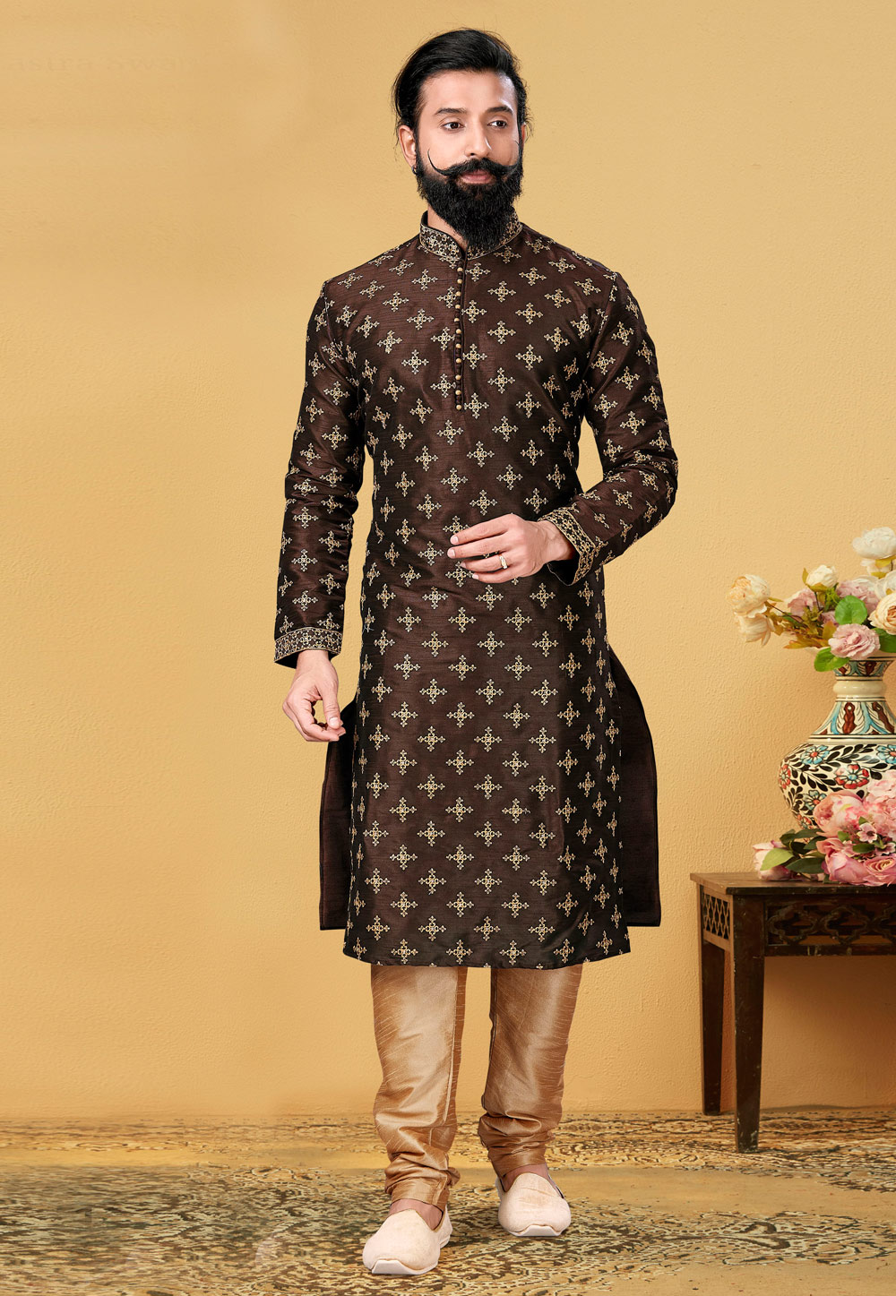 Brown Dupion Silk Lakhnavi Kurta Pajama 240112