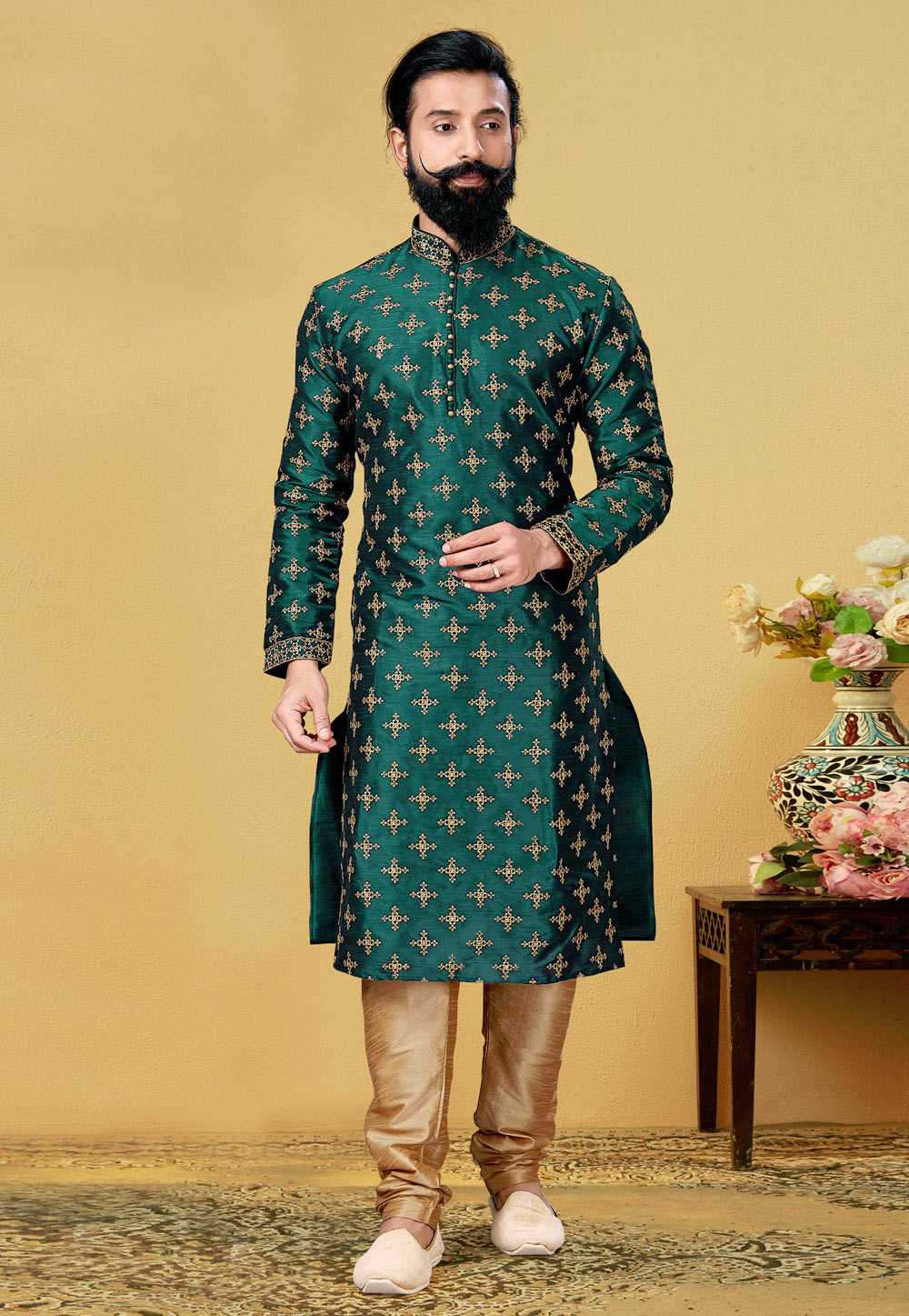 Green Dupion Silk Lakhnavi Kurta Pajama 240113