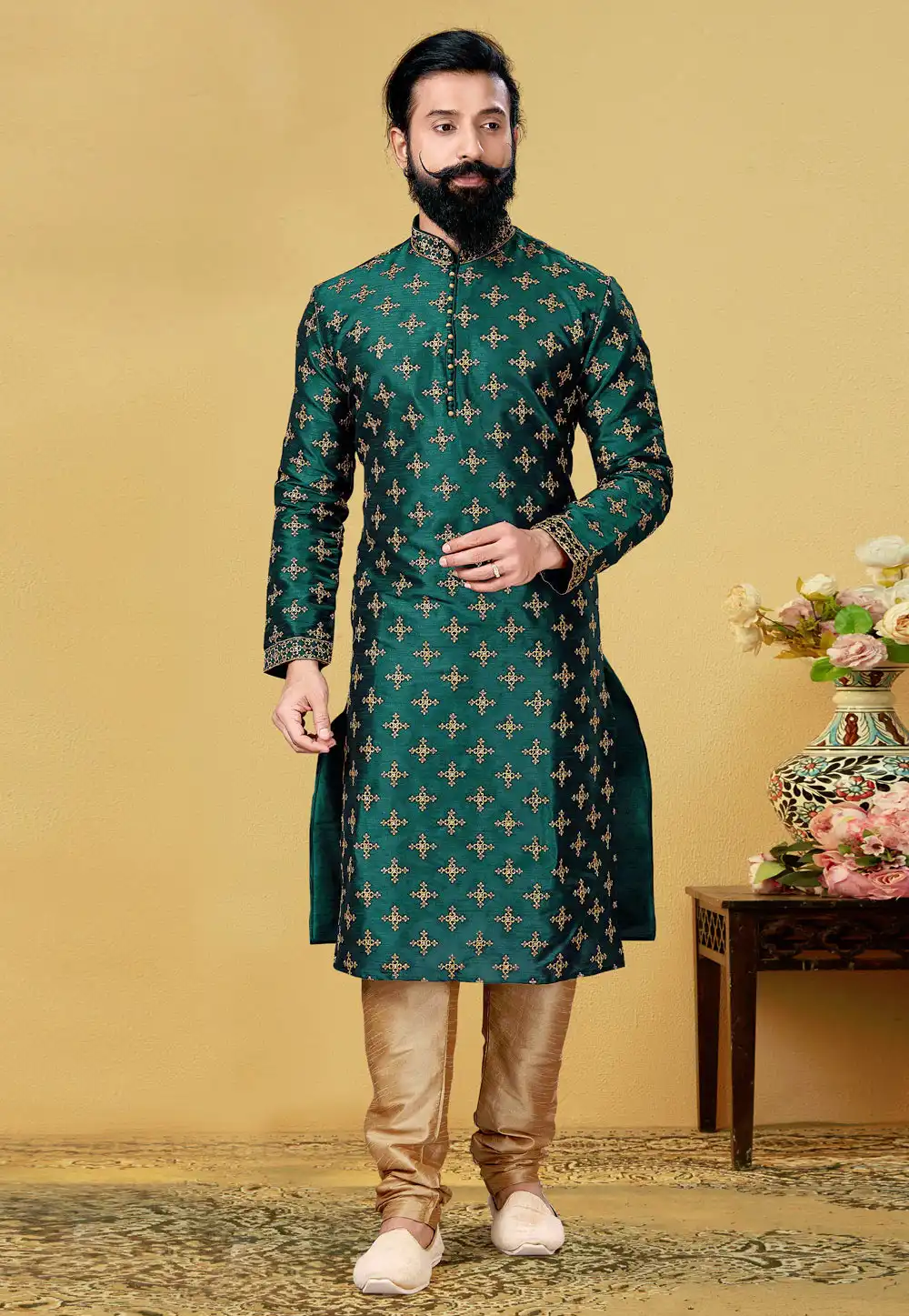 Green Dupion Silk Lakhnavi Kurta Pajama 240113