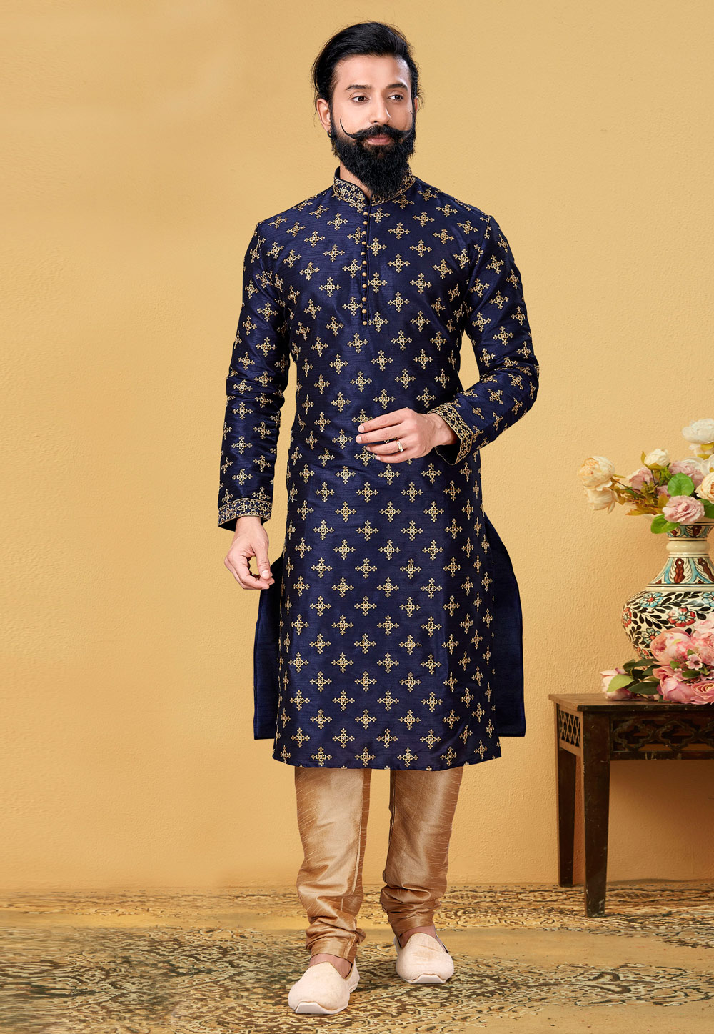 Navy Blue Dupion Silk Lakhnavi Kurta Pajama 240110