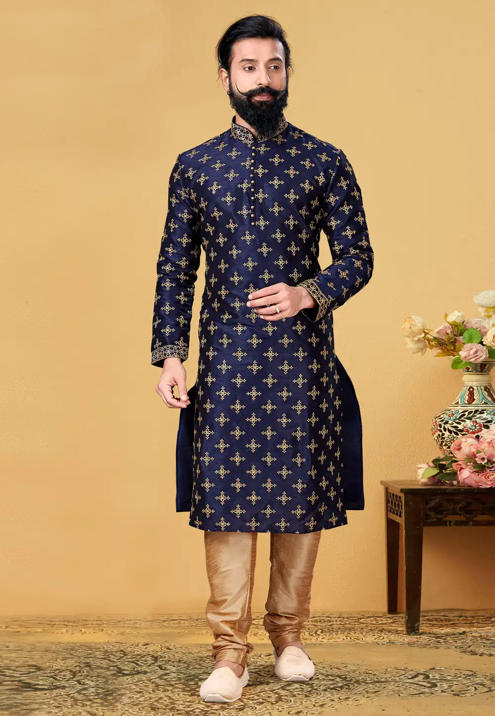 Navy Blue Dupion Silk Lakhnavi Kurta Pajama 240110