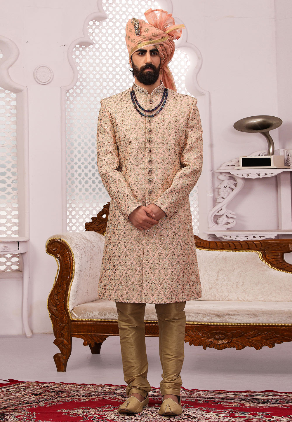 Peach Banarasi Silk Achkan Style Sherwani 239994