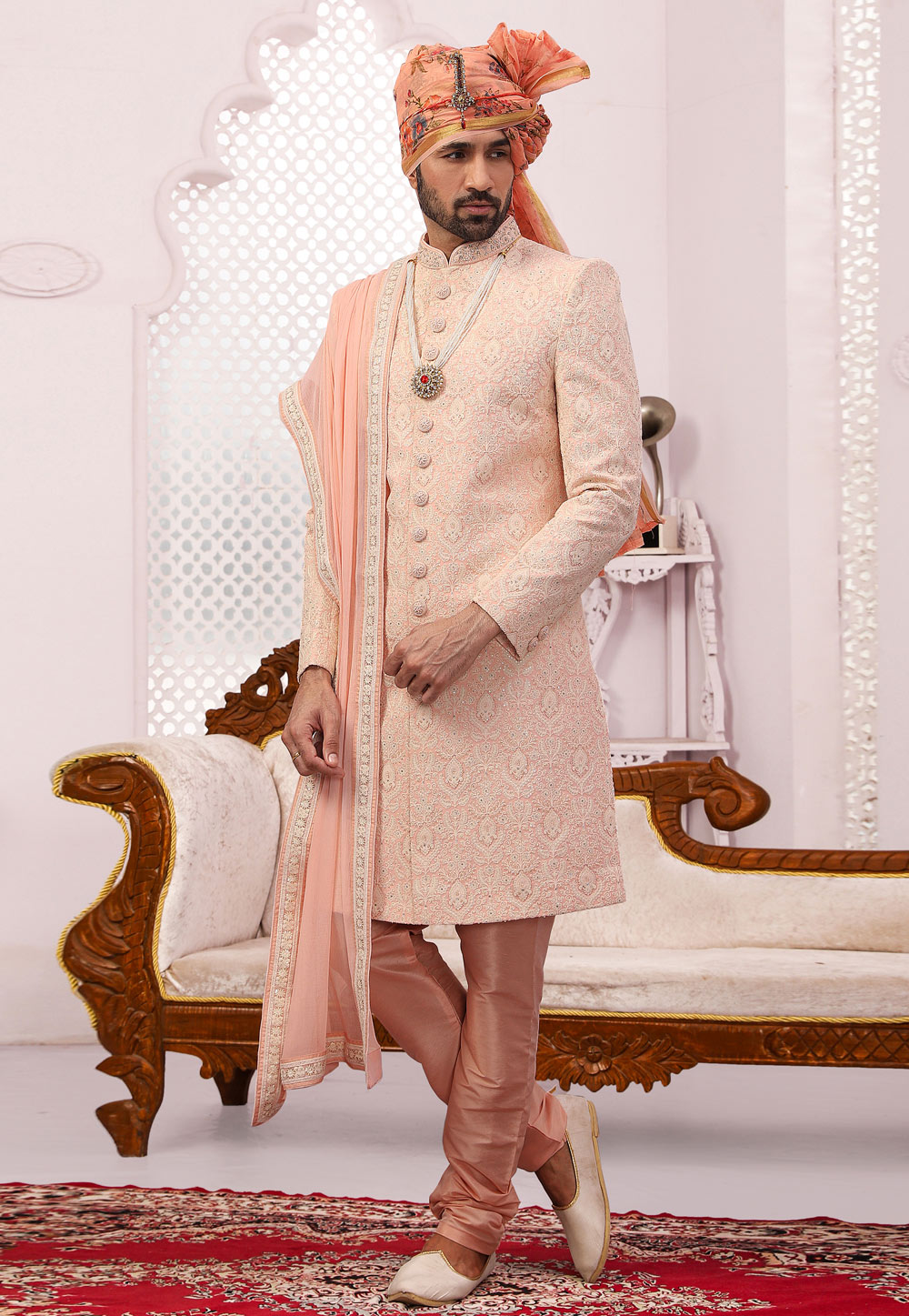 Peach Georgette Achkan Style Sherwani 239999