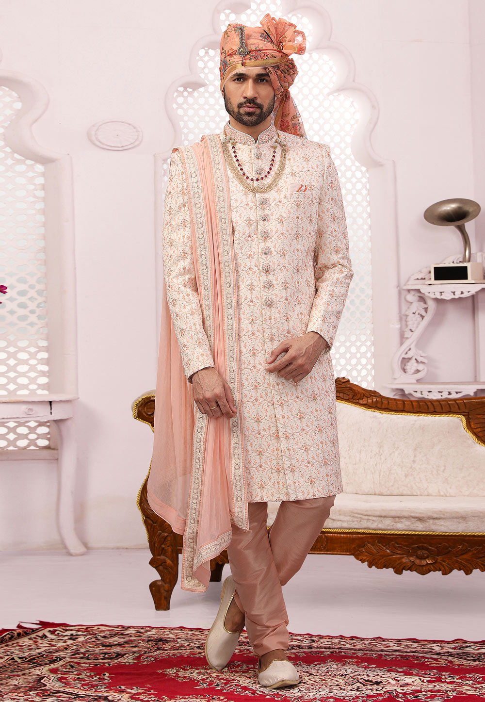 Off White Georgette Achkan Style Sherwani 240004