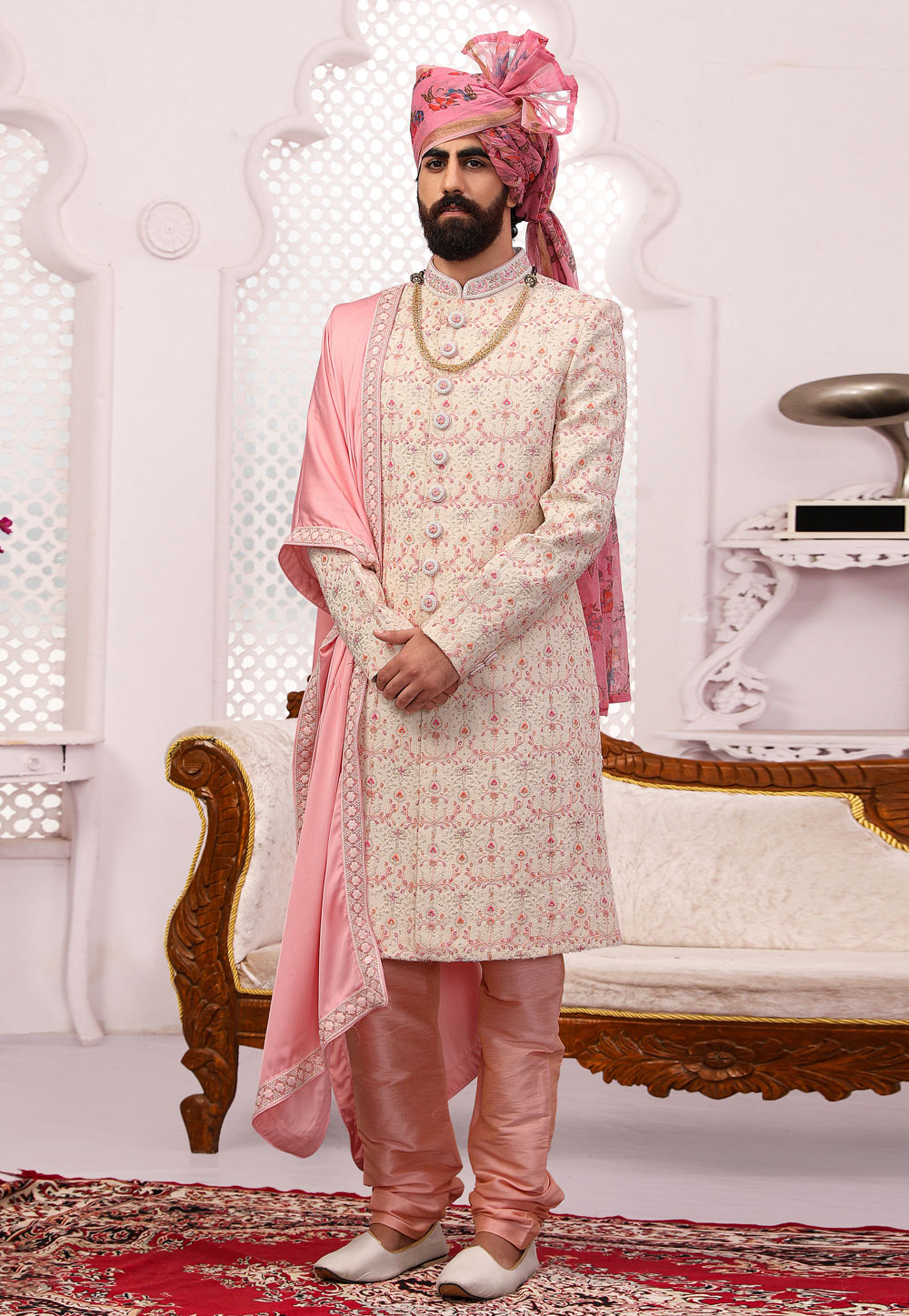 Off White Georgette Achkan Style Sherwani 240005