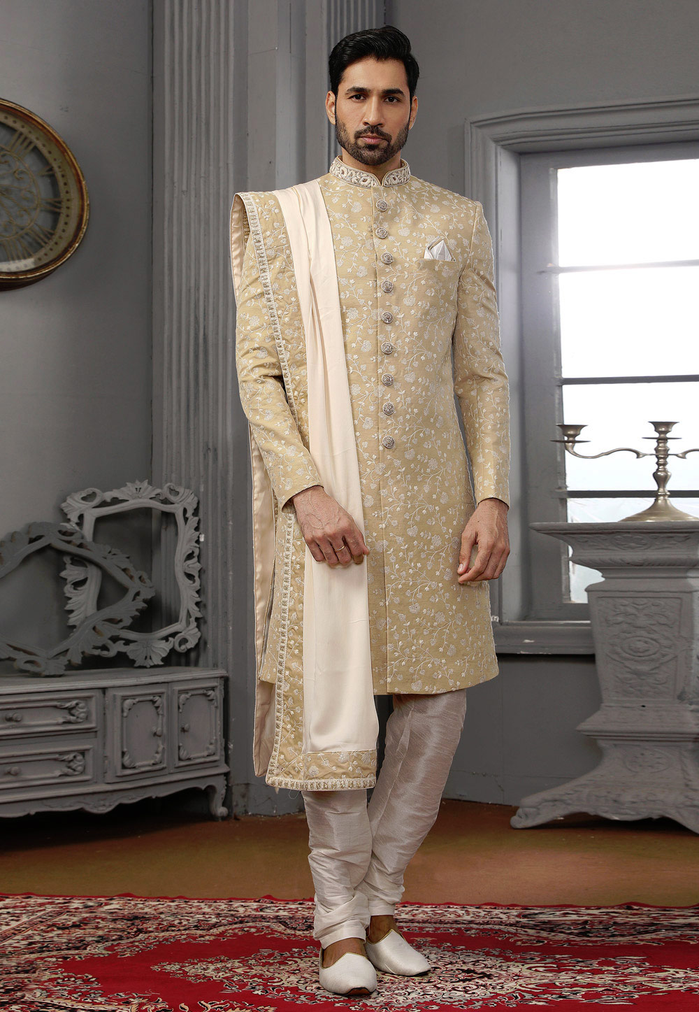Beige Georgette Achkan Style Sherwani 239953