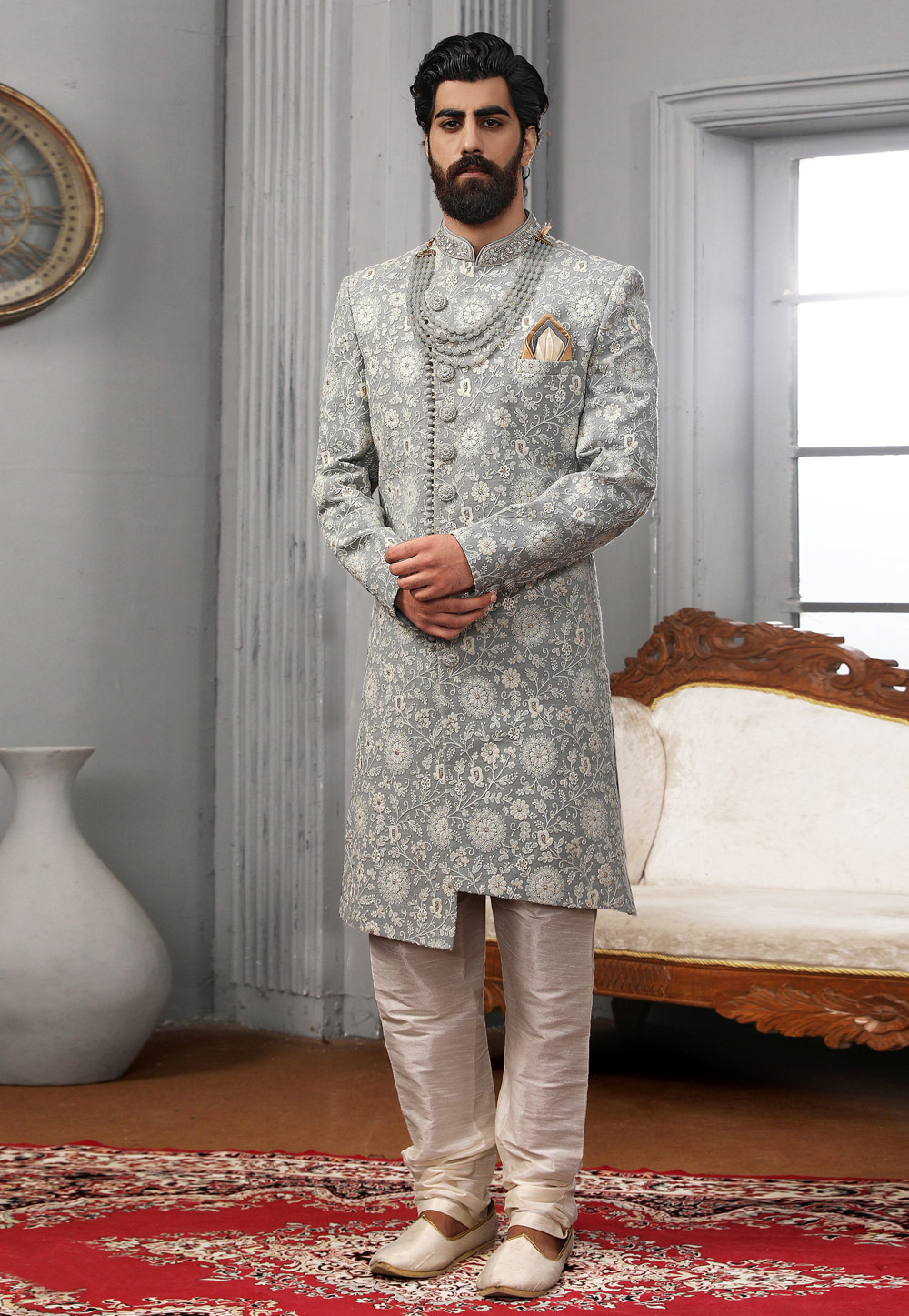 Grey Georgette Achkan Style Sherwani 239957