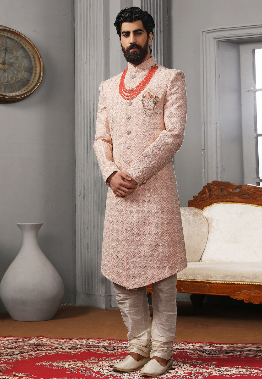 Peach Georgette Achkan Style Sherwani 239959