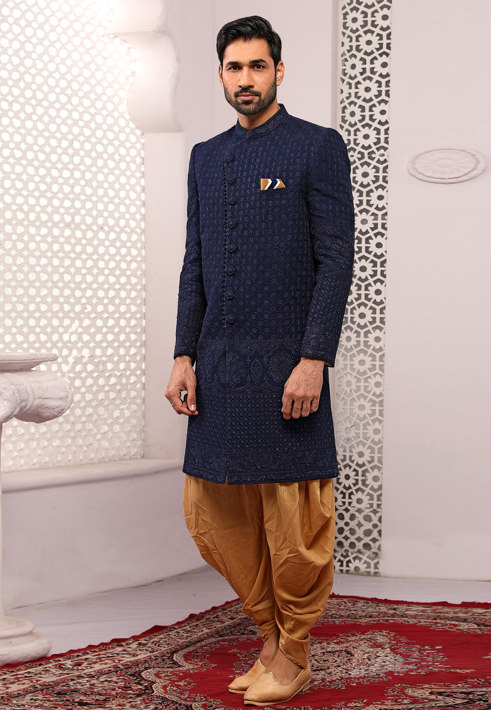 Navy Blue Georgette Dhoti Sherwani 239971