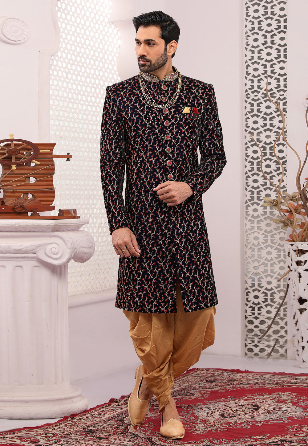 Wine Velvet Dhoti Sherwani 239974