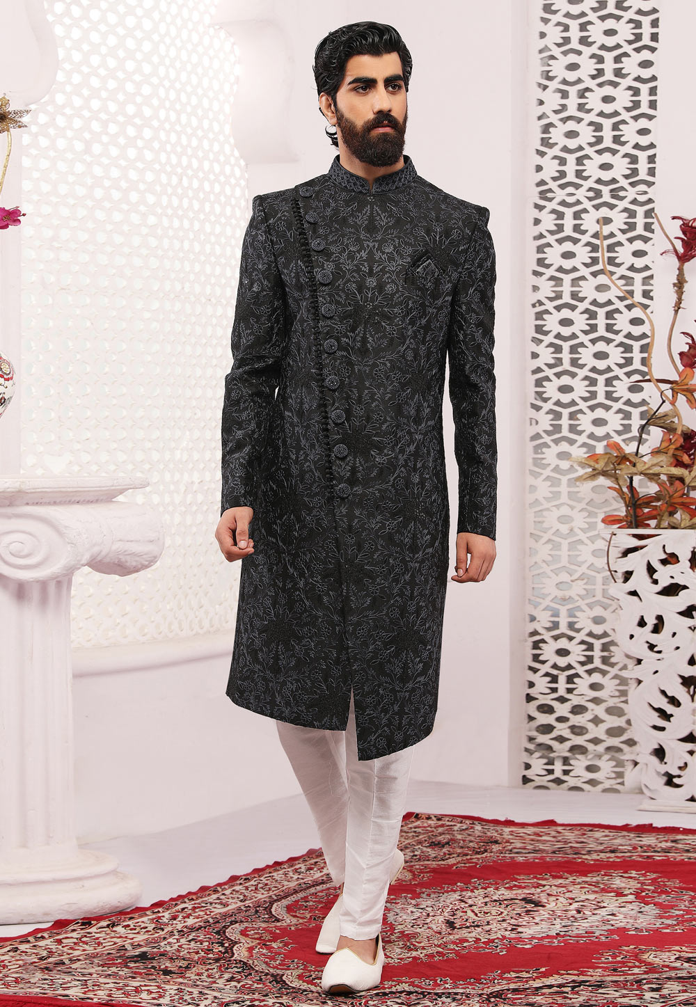 Black Art Silk Achkan Style Sherwani 239979