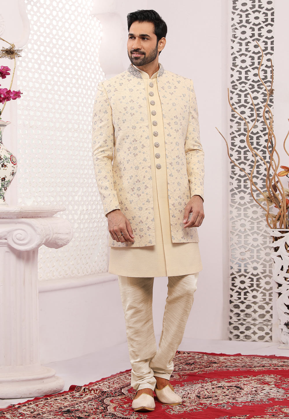 Cream Banarasi Silk Indo Western Sherwani 239984