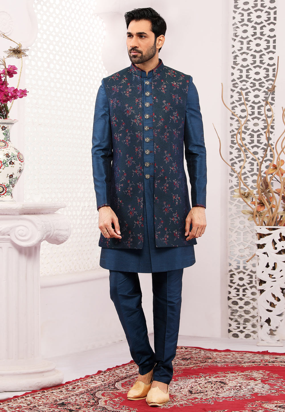 Blue Jacquard Silk Indo Western Sherwani 239985