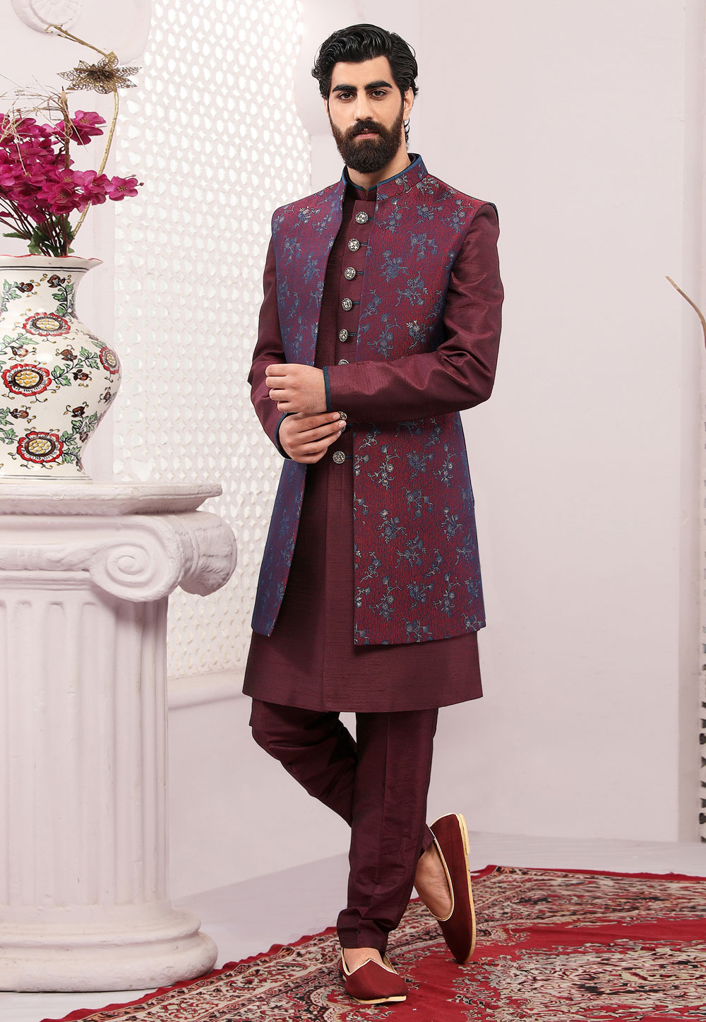 Wine Jacquard Silk Indo Western Sherwani 239986