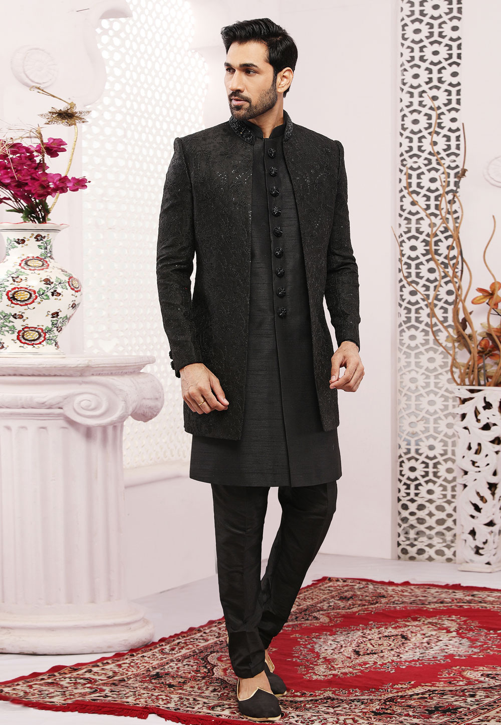 Black Banarasi Silk Indo Western Sherwani 239987