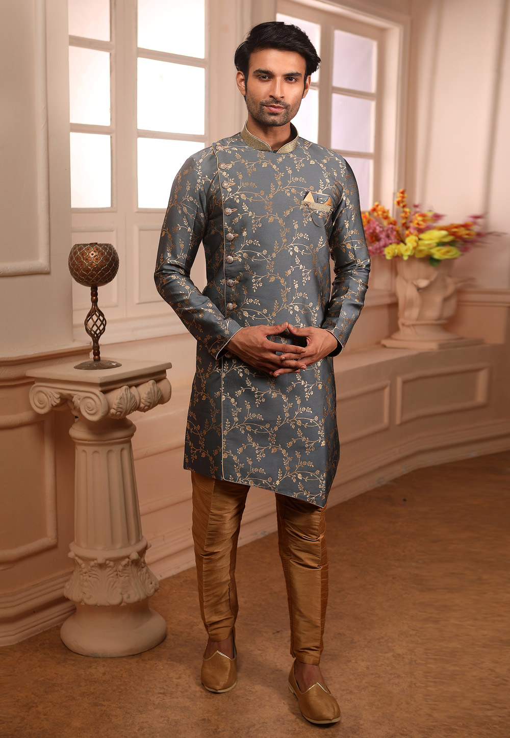Grey Jacquard Readymade Indo Western Suit 186683