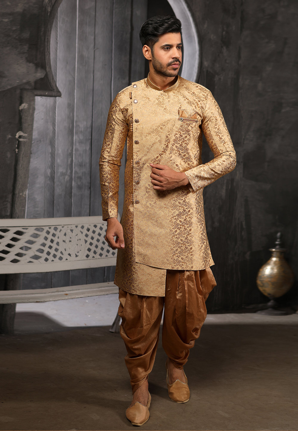 Golden Jacquard Readymade Indo Western Suit 186691