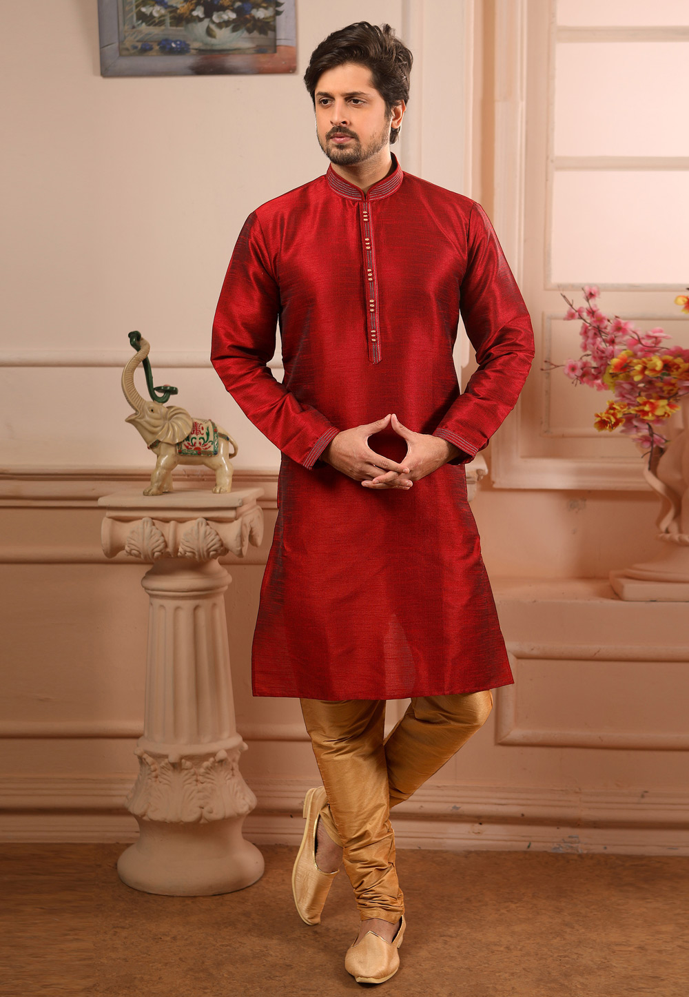 Maroon Banarasi Silk Readymade Kurta Pajama 186712