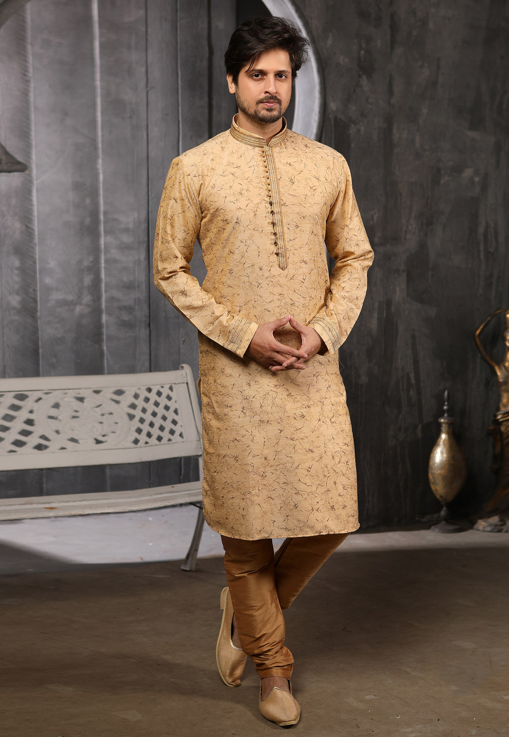 Golden Jacquard Readymade Kurta Pajama 186715