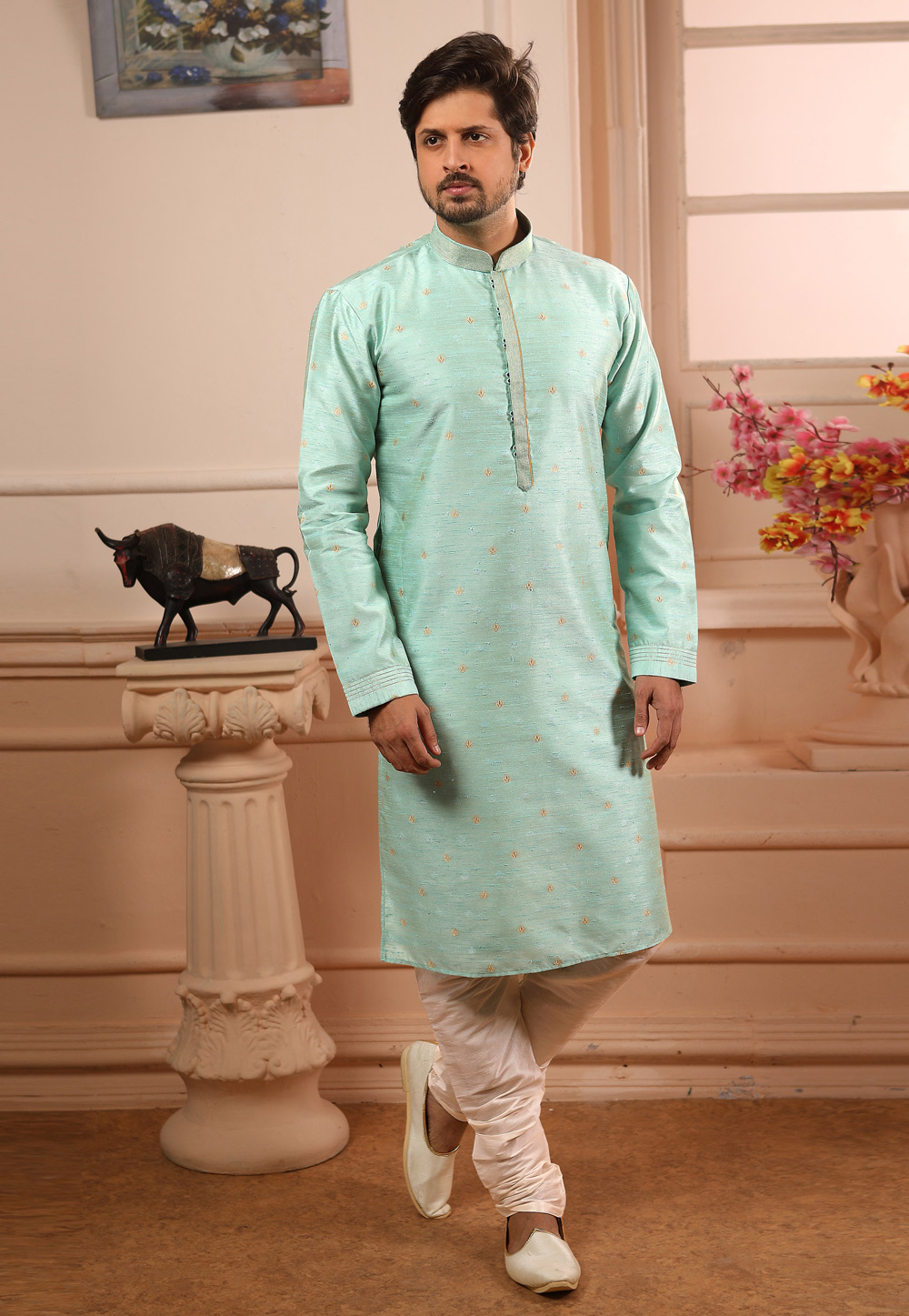 Pista Green Jacquard Readymade Kurta Pajama 186726