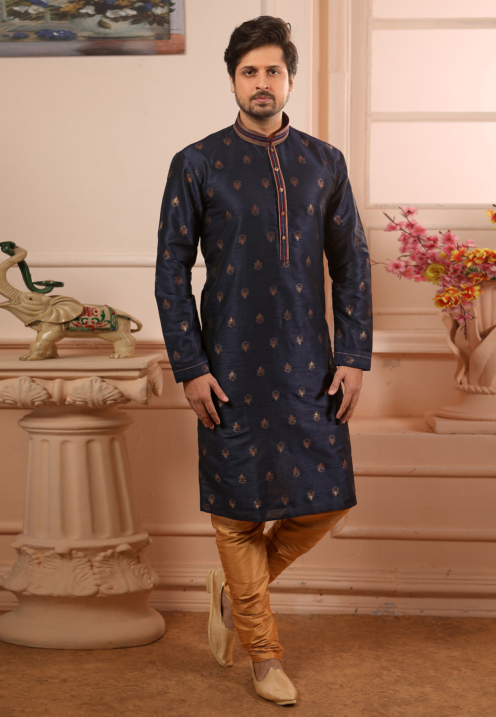 Navy Blue Jacquard Readymade Kurta Pajama 186732