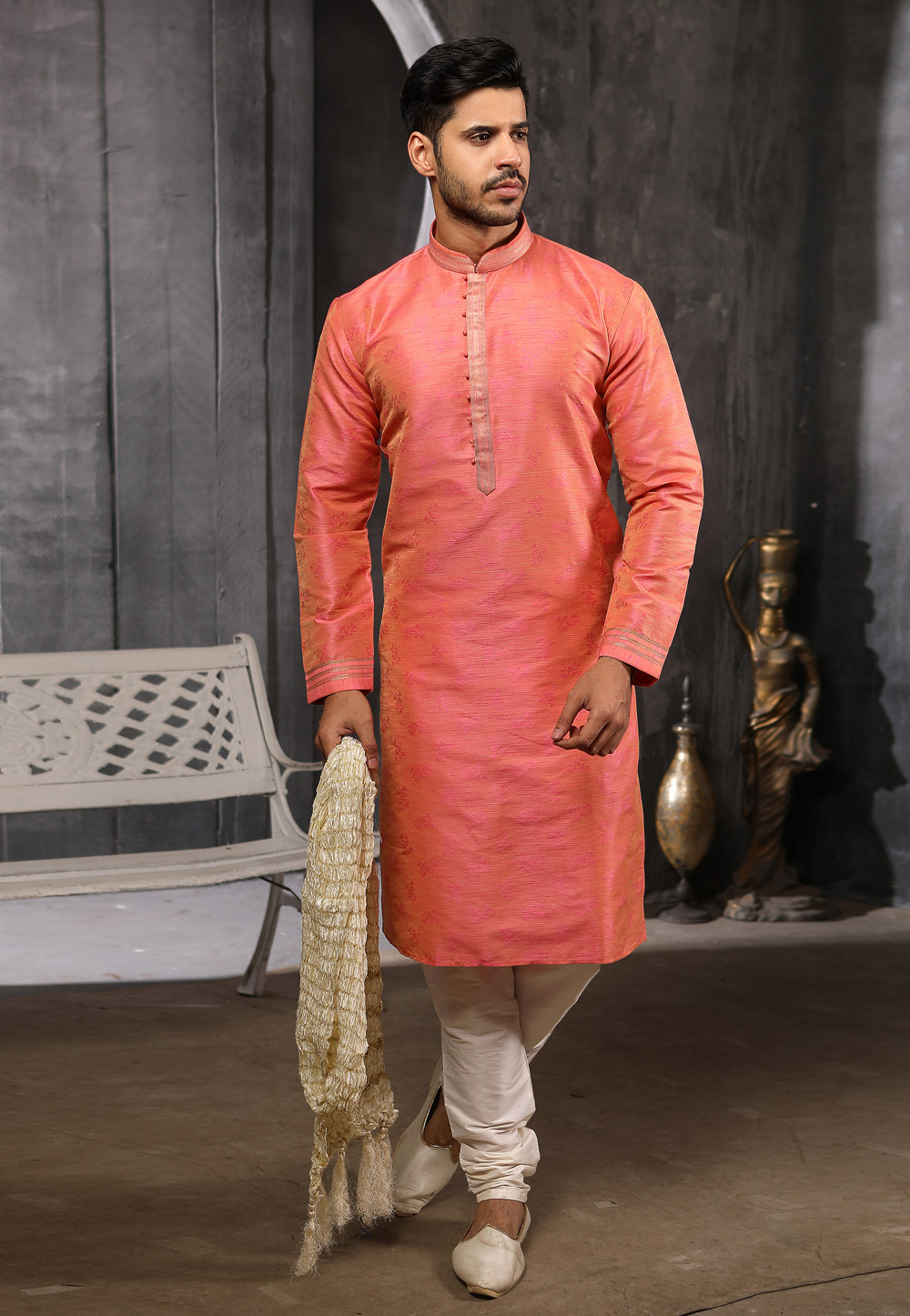 Pink Jacquard Readymade Kurta Pajama 186735