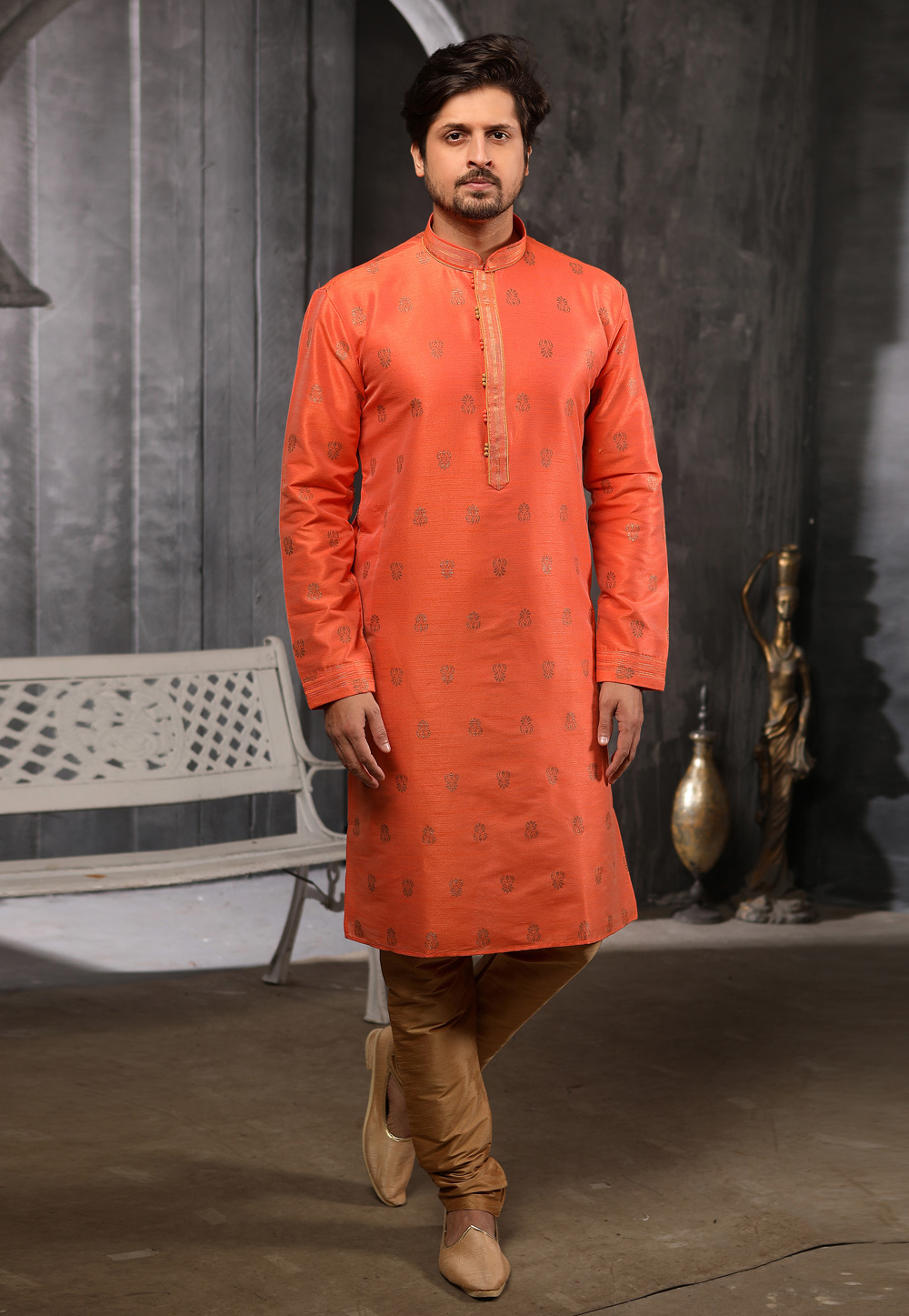 Orange Jacquard Readymade Kurta Pajama 186738
