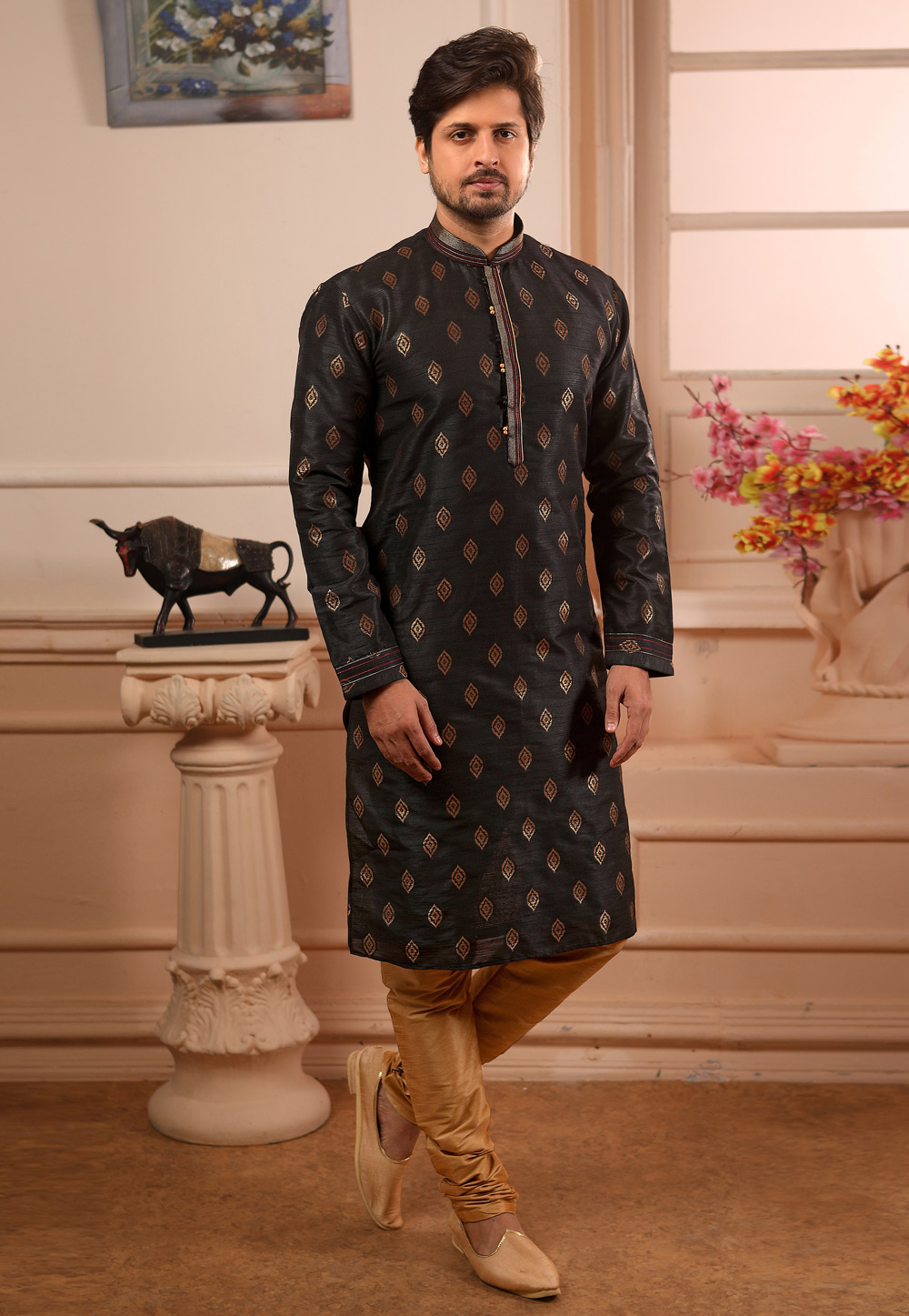 Black Jacquard Readymade Kurta Pajama 186742