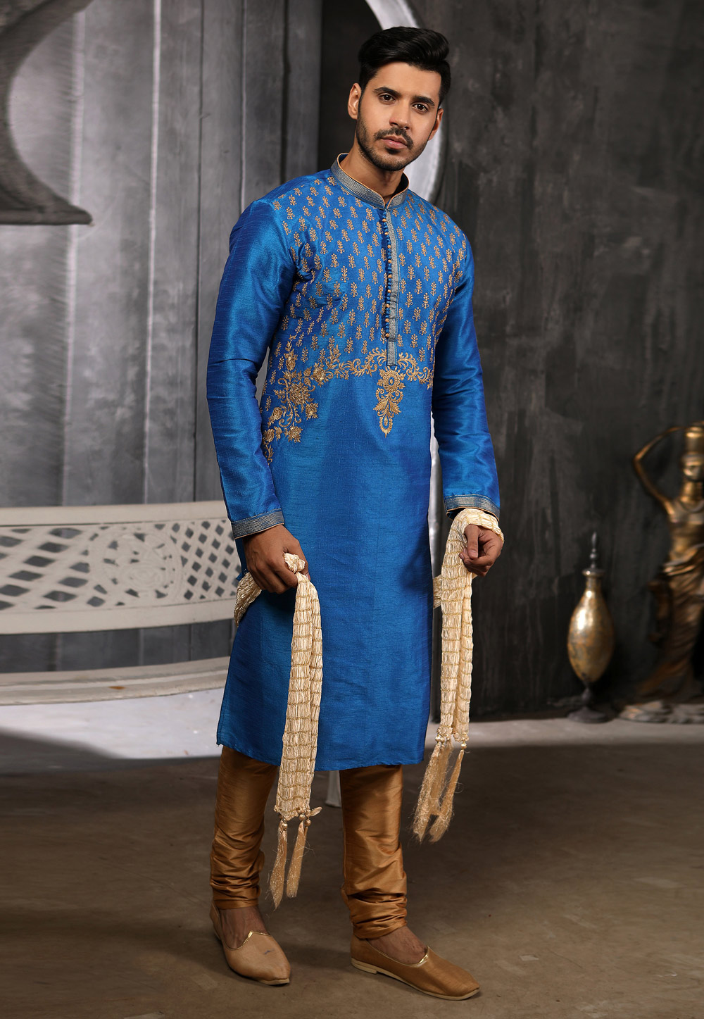 Blue Banarasi Silk Readymade Kurta Pajama 186754
