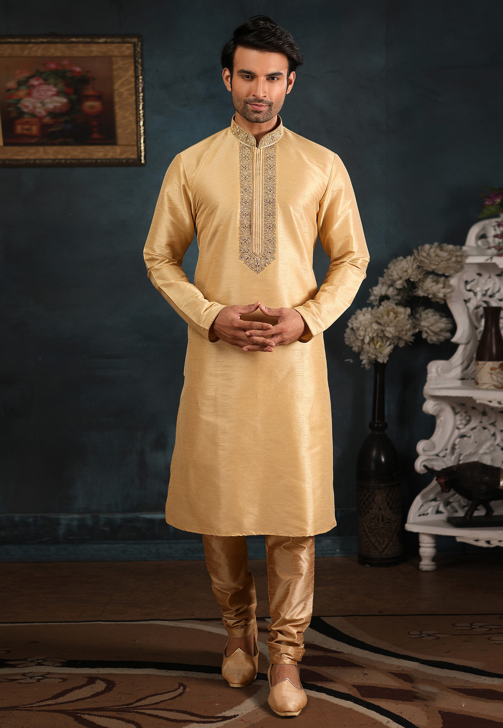 Beige Banarasi Silk Readymade Kurta Pajama 186572