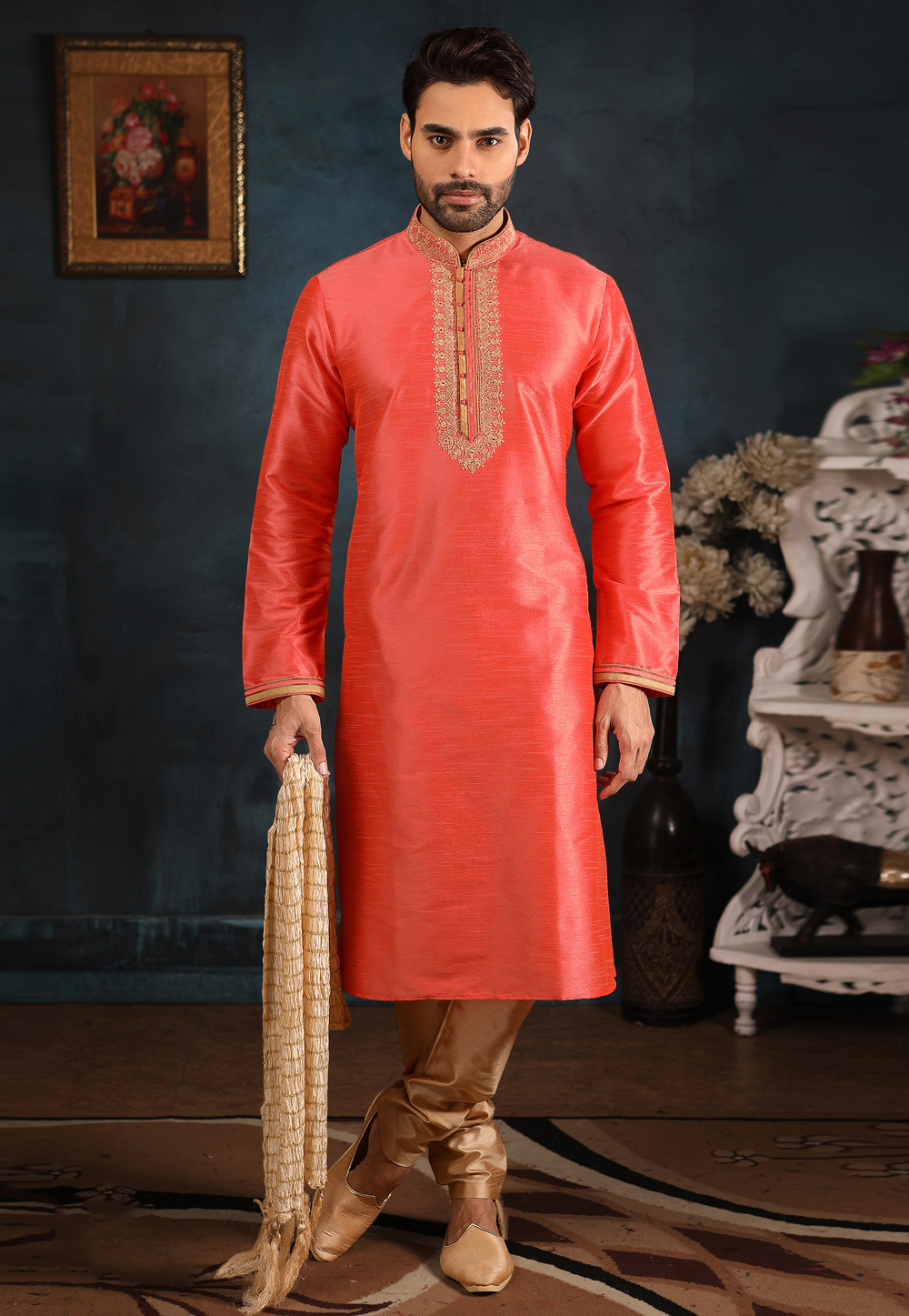 Shaded Red Banarasi Silk Readymade Kurta Pajama 186575