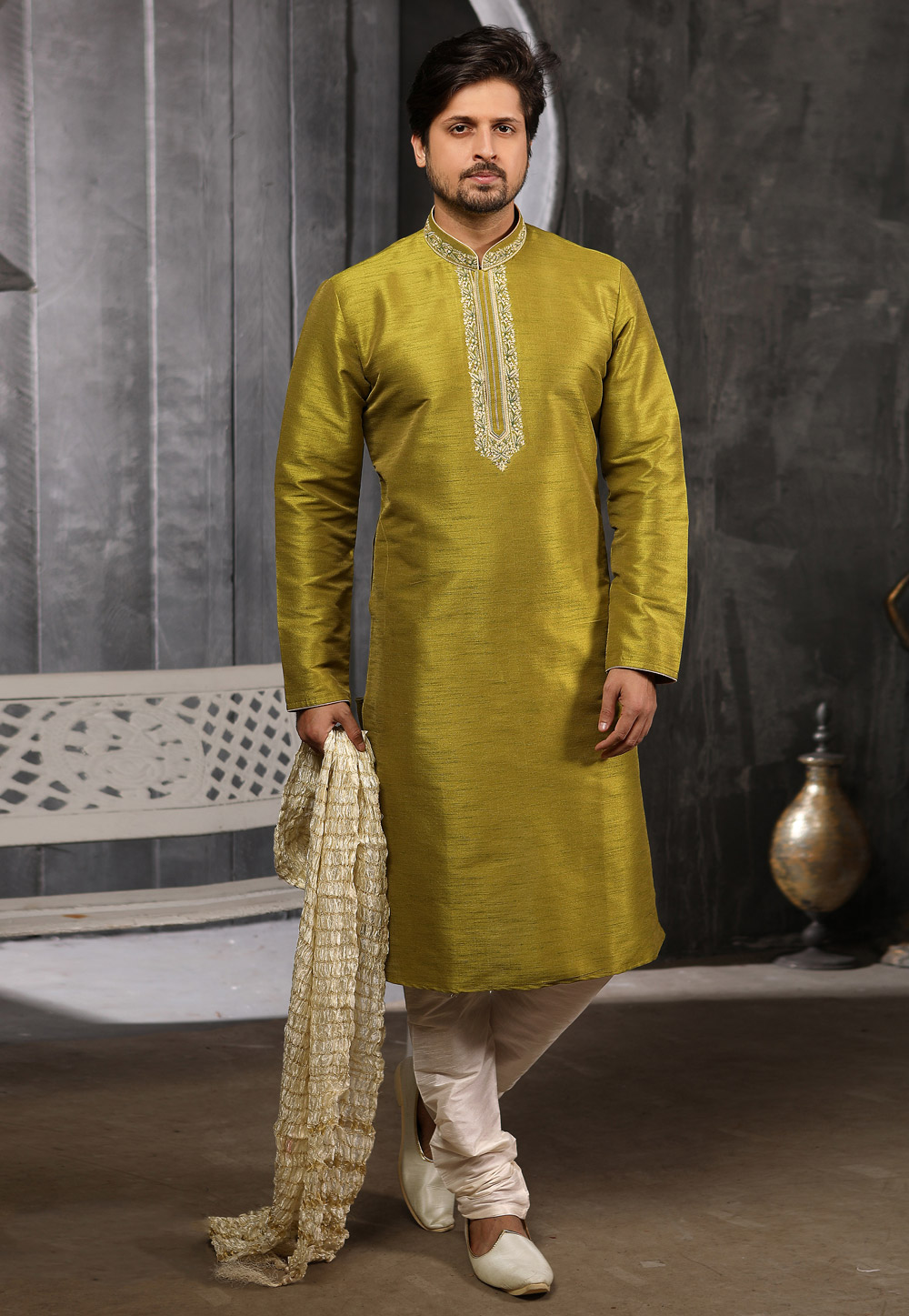 Green Banarasi Silk Readymade Kurta Pajama 186581