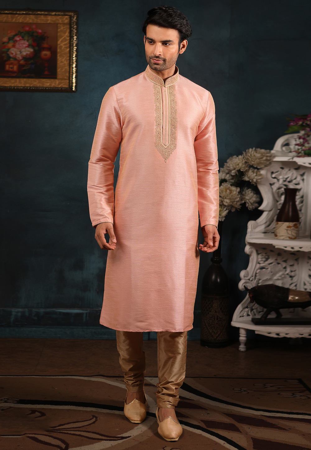 Peach Banarasi Silk Readymade Kurta Pajama 186782