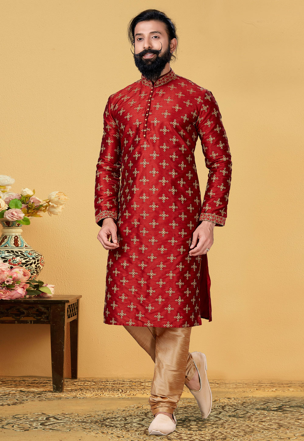 Maroon Dupion Silk Lakhnavi Kurta Pajama 240114