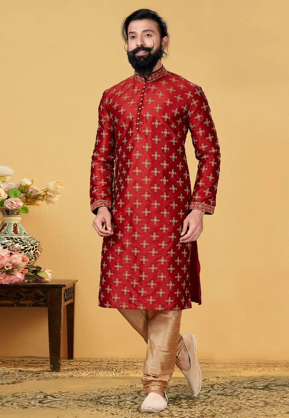 Maroon Dupion Silk Lakhnavi Kurta Pajama 240114