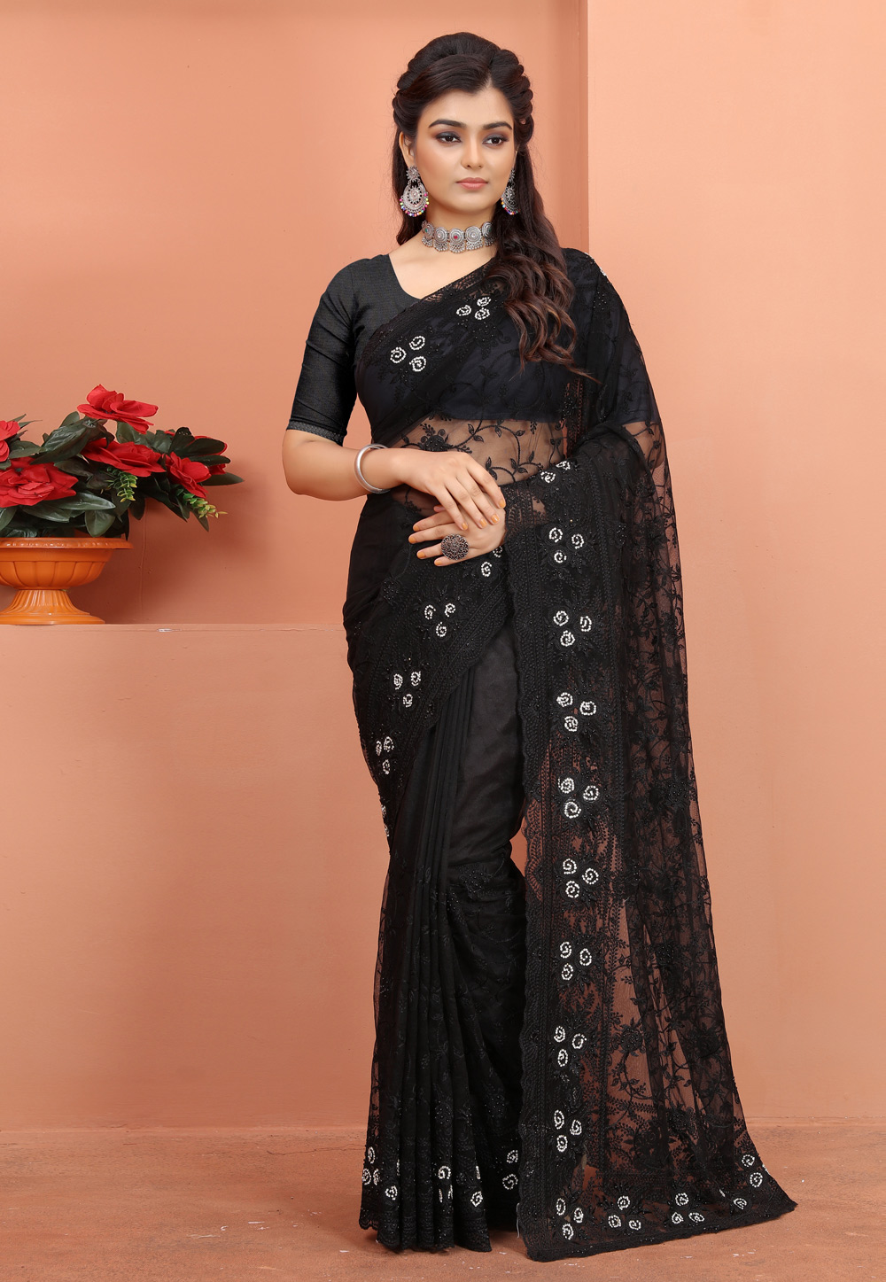 Black Net Saree With Blouse 247815